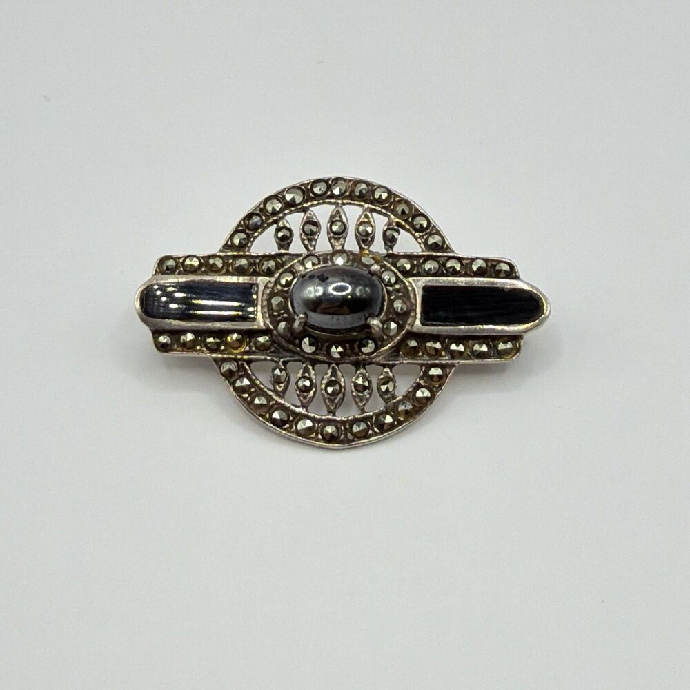 Vintage 925 Onyx Hematite Marcasite Pin Brooch Sterling Silver